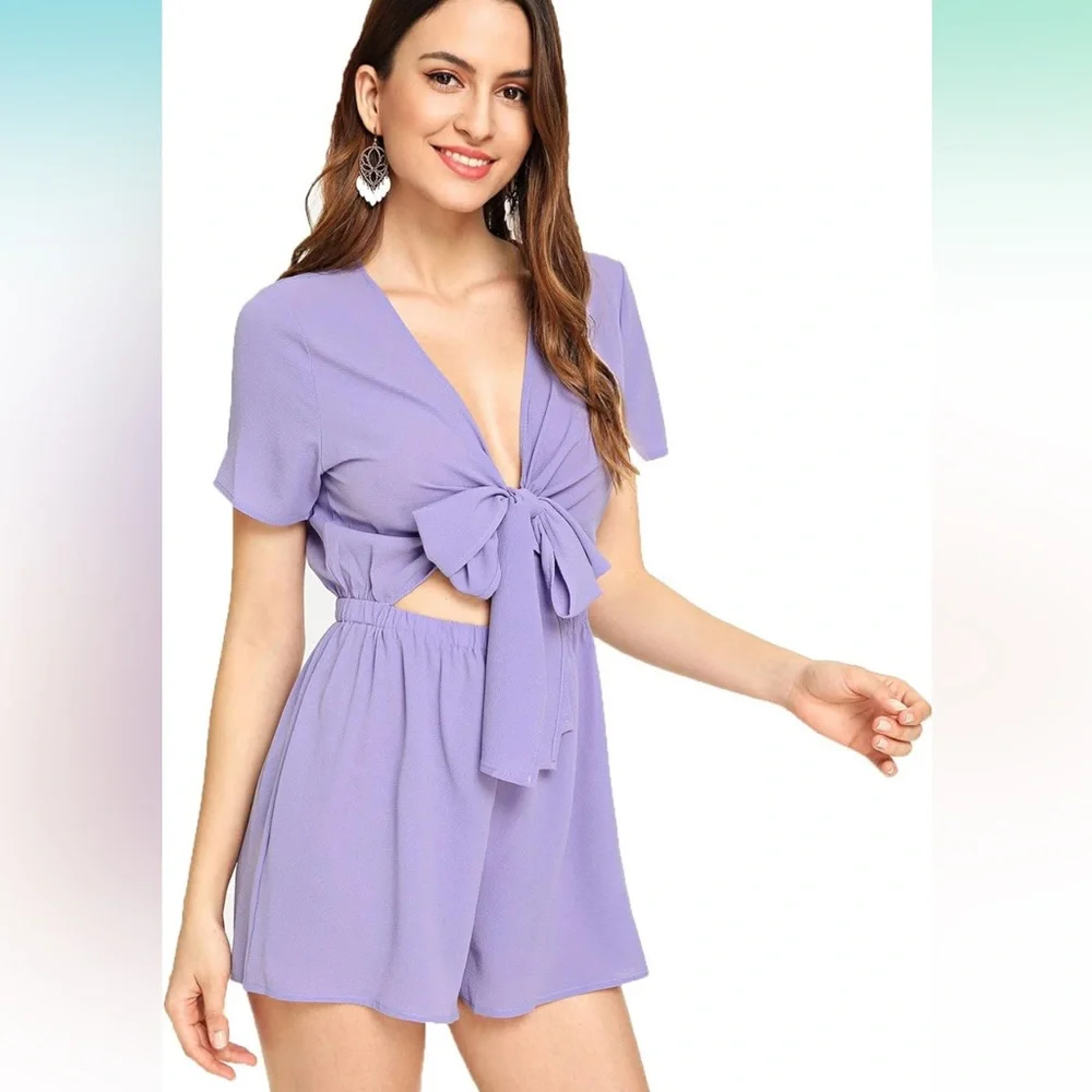 V Neck Self Tie Front Short Romper Playsuit - Picture 3 of 7